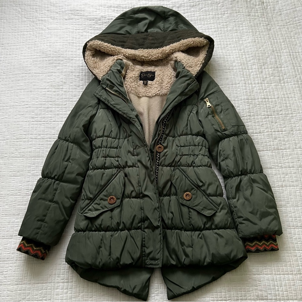 Jessica Simpson Girls Olive Green Winter Puffer Coat Faux Fur Trim S (7-8)